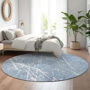 8' Blue And Ivory Abstract Washable Round Rug With UV Protection