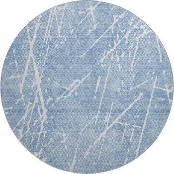 8' Blue And Ivory Abstract Washable Round Rug With UV Protection