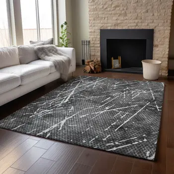 3' X 5' Charcoal And Ivory Abstract Washable Area Rug With UV Protection