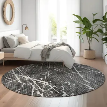 8' Charcoal And Ivory Abstract Washable Round Rug With UV Protection