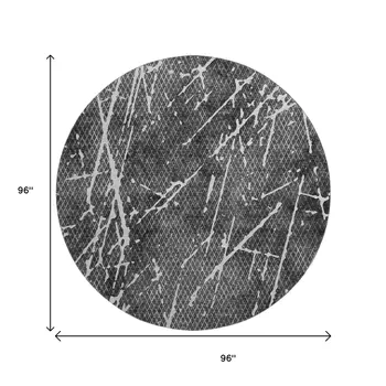 8' Charcoal And Ivory Abstract Washable Round Rug With UV Protection