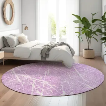8' Lilac And Ivory Abstract Washable Round Rug With UV Protection