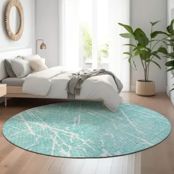 8' Teal And Ivory Abstract Washable Round Rug With UV Protection