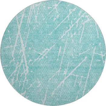 8' Teal And Ivory Abstract Washable Round Rug With UV Protection