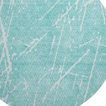 8' Teal And Ivory Abstract Washable Round Rug With UV Protection