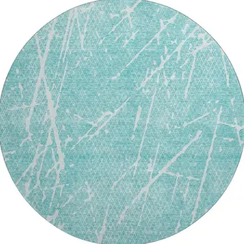 8' Teal And Ivory Abstract Washable Round Rug With UV Protection