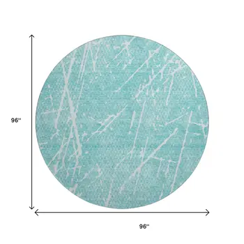 8' Teal And Ivory Abstract Washable Round Rug With UV Protection