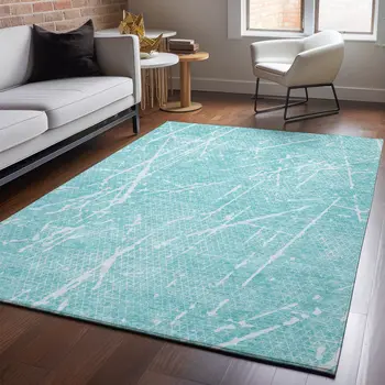 9' X 12' Teal And Ivory Abstract Washable Area Rug With UV Protection