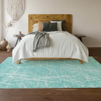 9' X 12' Teal And Ivory Abstract Washable Area Rug With UV Protection