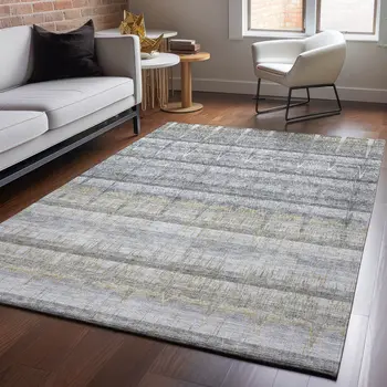 5' X 8' Gray Ivory And Gold Striped Washable Area Rug With UV Protection