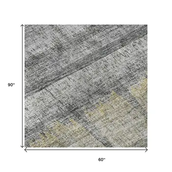 5' X 8' Gray Ivory And Gold Striped Washable Area Rug With UV Protection