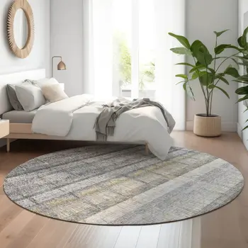 8' Gray Ivory And Gold Striped Washable Round Rug With UV Protection