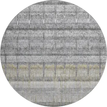 8' Gray Ivory And Gold Striped Washable Round Rug With UV Protection
