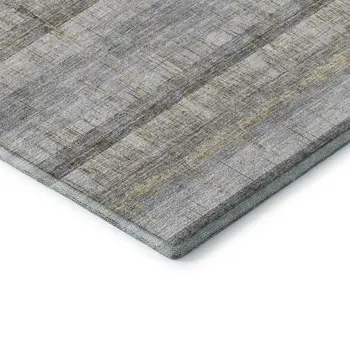 8' Gray Ivory And Gold Striped Washable Round Rug With UV Protection