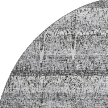 8' Gray Ivory And Gold Striped Washable Round Rug With UV Protection