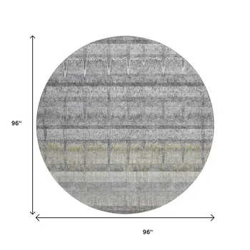 8' Gray Ivory And Gold Striped Washable Round Rug With UV Protection