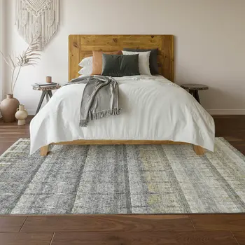 10' X 14' Gray Ivory And Gold Striped Washable Area Rug With UV Protection