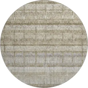 8' Taupe Gray And Beige Striped Washable Round Rug With UV Protection