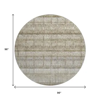 8' Taupe Gray And Beige Striped Washable Round Rug With UV Protection
