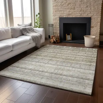 9' X 12' Taupe Gray And Beige Striped Washable Area Rug With UV Protection