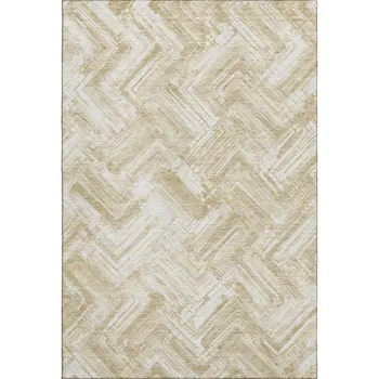 5' X 8' Beige And Ivory Chevron Washable Area Rug With UV Protection