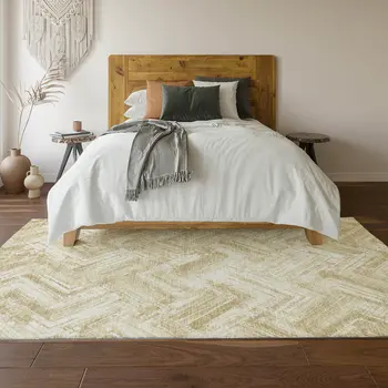 5' X 8' Beige And Ivory Chevron Washable Area Rug With UV Protection