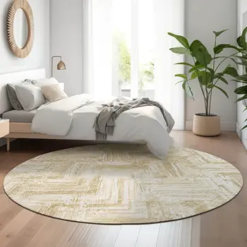 8' Beige And Ivory Chevron Washable Round Rug With UV Protection