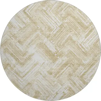 8' Beige And Ivory Chevron Washable Round Rug With UV Protection