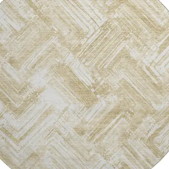 8' Beige And Ivory Chevron Washable Round Rug With UV Protection