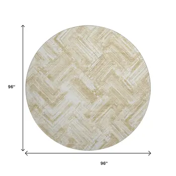 8' Beige And Ivory Chevron Washable Round Rug With UV Protection