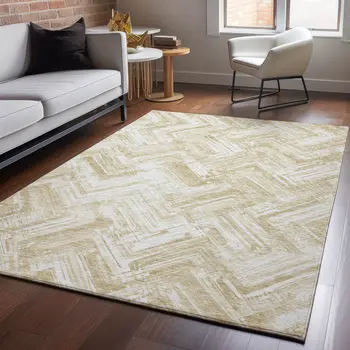 10' X 14' Beige And Ivory Chevron Washable Area Rug With UV Protection