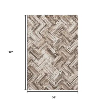 3' X 5' Brown And Ivory Chevron Washable Area Rug With UV Protection