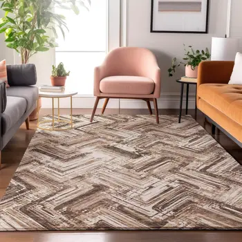 5' X 8' Brown And Ivory Chevron Washable Area Rug With UV Protection