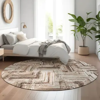 8' Brown And Ivory Chevron Washable Round Rug With UV Protection