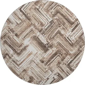8' Brown And Ivory Chevron Washable Round Rug With UV Protection