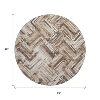 8' Brown And Ivory Chevron Washable Round Rug With UV Protection