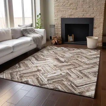 9' X 12' Brown And Ivory Chevron Washable Area Rug With UV Protection
