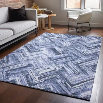 5' X 8' Blue And Ivory Chevron Washable Area Rug With UV Protection
