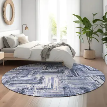 8' Blue And Ivory Chevron Washable Round Rug With UV Protection