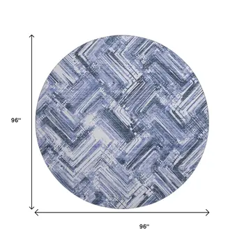 8' Blue And Ivory Chevron Washable Round Rug With UV Protection
