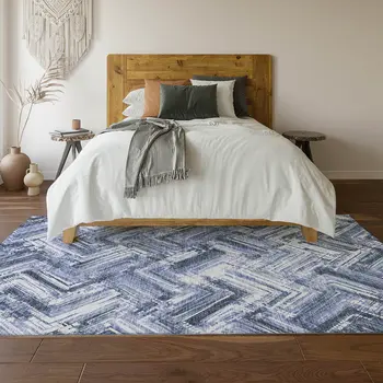 10' X 14' Blue And Ivory Chevron Washable Area Rug With UV Protection
