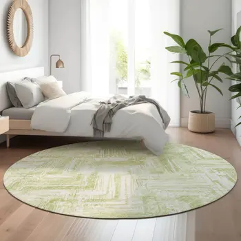 8' Green And Ivory Chevron Washable Round Rug With UV Protection