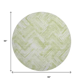 8' Green And Ivory Chevron Washable Round Rug With UV Protection
