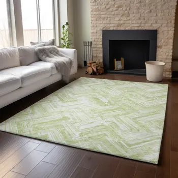 9' X 12' Green And Ivory Chevron Washable Area Rug With UV Protection