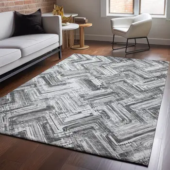 5' X 8' Gray And Ivory Chevron Washable Area Rug With UV Protection