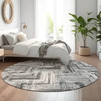 8' Gray And Ivory Chevron Washable Round Rug With UV Protection