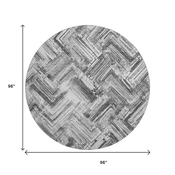 8' Gray And Ivory Chevron Washable Round Rug With UV Protection