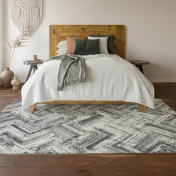 8' X 10' Gray And Ivory Chevron Washable Area Rug With UV Protection
