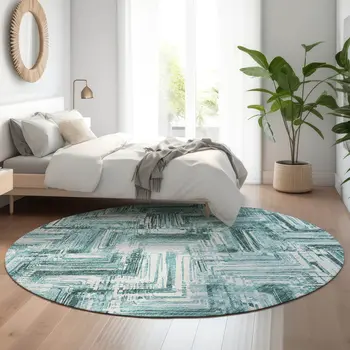 8' Teal And Ivory Chevron Washable Round Rug With UV Protection