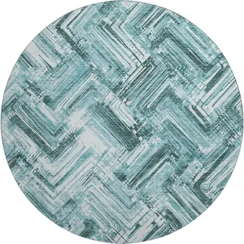 8' Teal And Ivory Chevron Washable Round Rug With UV Protection